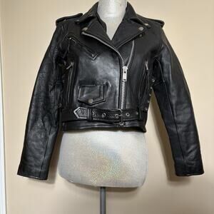 A-1 Genuine Leather Moto Jacket Black Womens Size S Cropped Belted Waist Biker